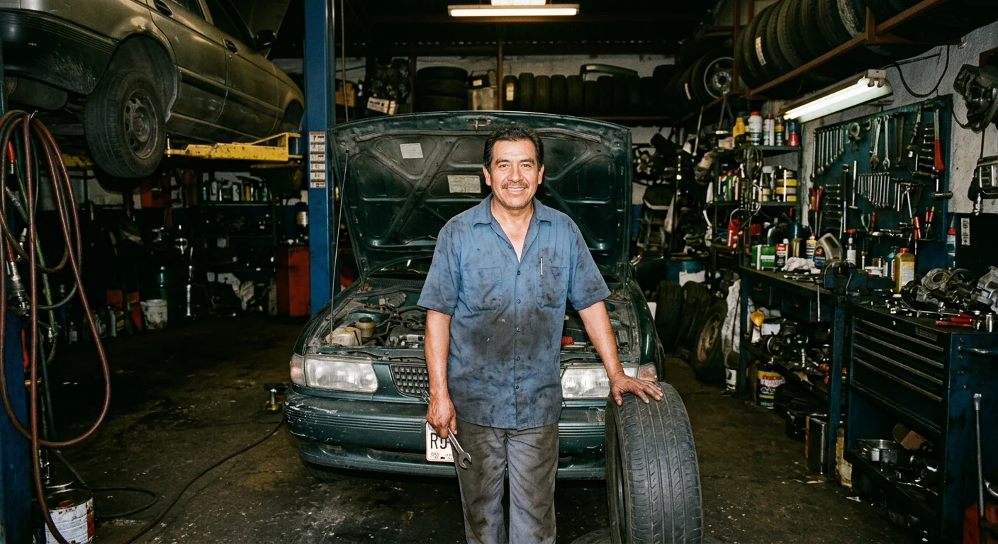 Emprendedor reparando un automóvil en su taller mecánico