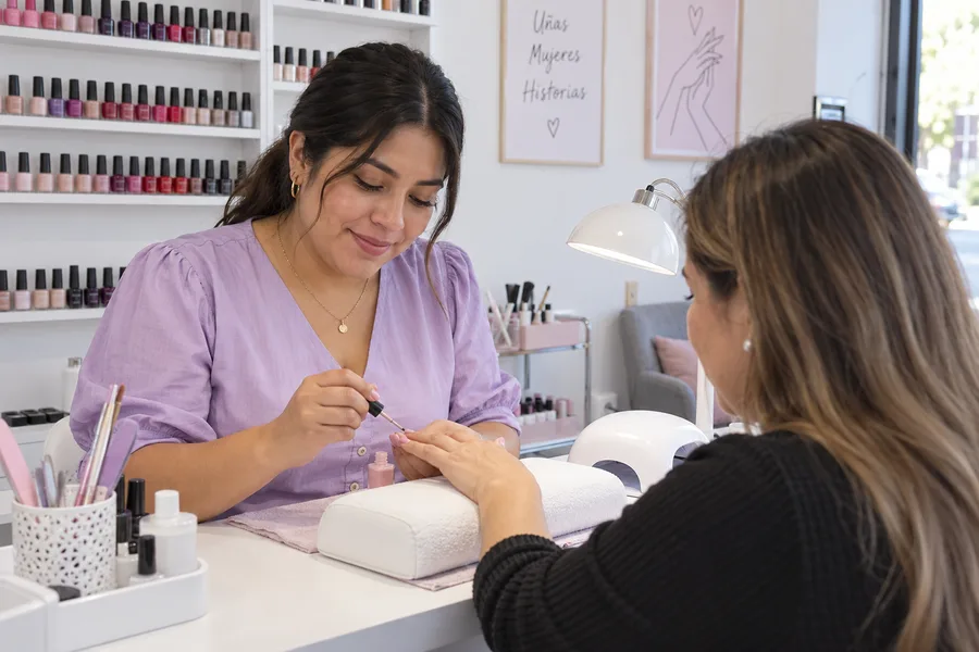 Emprendedora realizando una manicura en su salón de uñas
