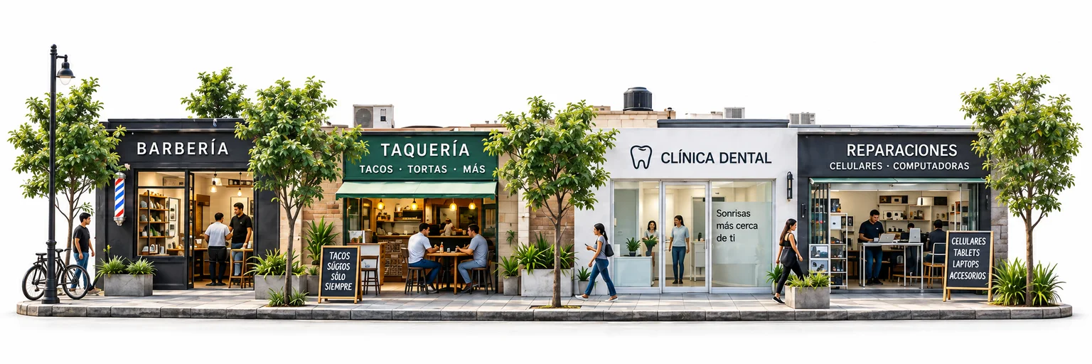 Una barbería, taquería, clínica dental y taller de reparaciones en una calle de México